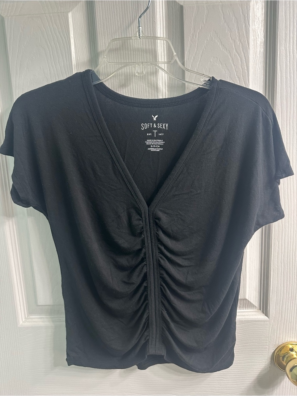 American Eagle Outfitters Black Ruched V-Neck Short Sleeve Top